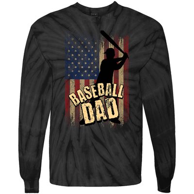 Vintage American Flag Baseball Dad Fathers Day Tie-Dye Long Sleeve Shirt