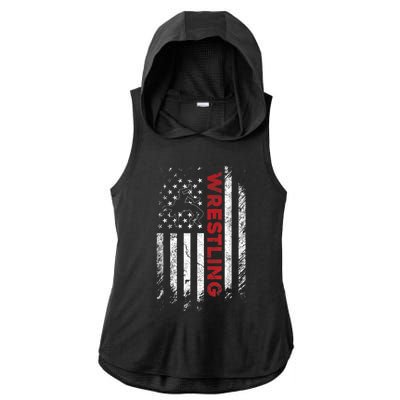 Vintage American Flag Wrestling Patriotic Wrestler Ladies PosiCharge Tri-Blend Wicking Draft Hoodie Tank