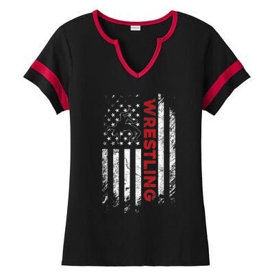 Vintage American Flag Wrestling Patriotic Wrestler Ladies Halftime Notch Neck Tee