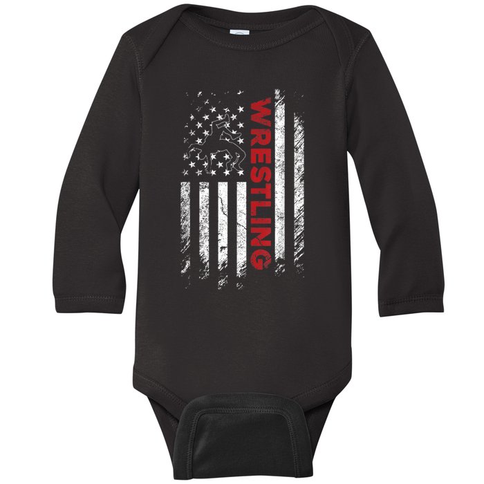 Vintage American Flag Wrestling Patriotic Wrestler Baby Long Sleeve Bodysuit