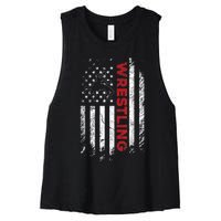 Vintage American Flag Wrestling Patriotic Wrestler Women's Racerback Cropped Tank