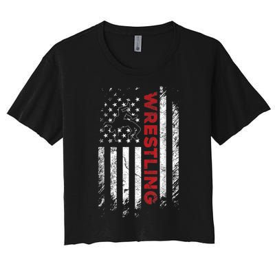 Vintage American Flag Wrestling Patriotic Wrestler Women's Crop Top Tee