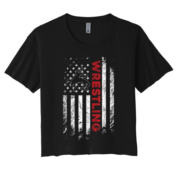 Vintage American Flag Wrestling Patriotic Wrestler Women's Crop Top Tee