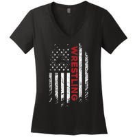 Vintage American Flag Wrestling Patriotic Wrestler Women's V-Neck T-Shirt