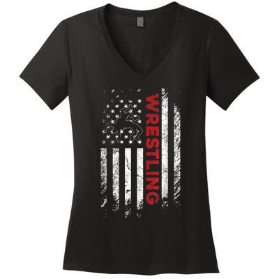 Vintage American Flag Wrestling Patriotic Wrestler Women's V-Neck T-Shirt