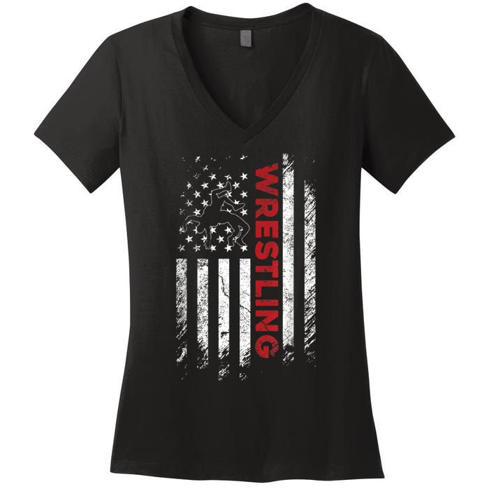 Vintage American Flag Wrestling Patriotic Wrestler Women's V-Neck T-Shirt