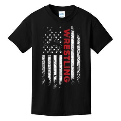 Vintage American Flag Wrestling Patriotic Wrestler Kids T-Shirt