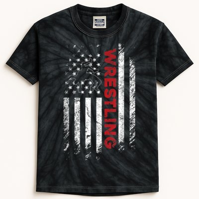 Vintage American Flag Wrestling Patriotic Wrestler Kids Tie-Dye T-Shirt