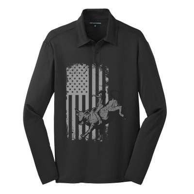 Vintage American Flag Bucking Bull Riding Patriotism Rodeo Gift Silk Touch Performance Long Sleeve Polo