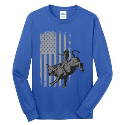 Vintage American Flag Bucking Bull Riding Patriotism Rodeo Gift Tall Long Sleeve T-Shirt