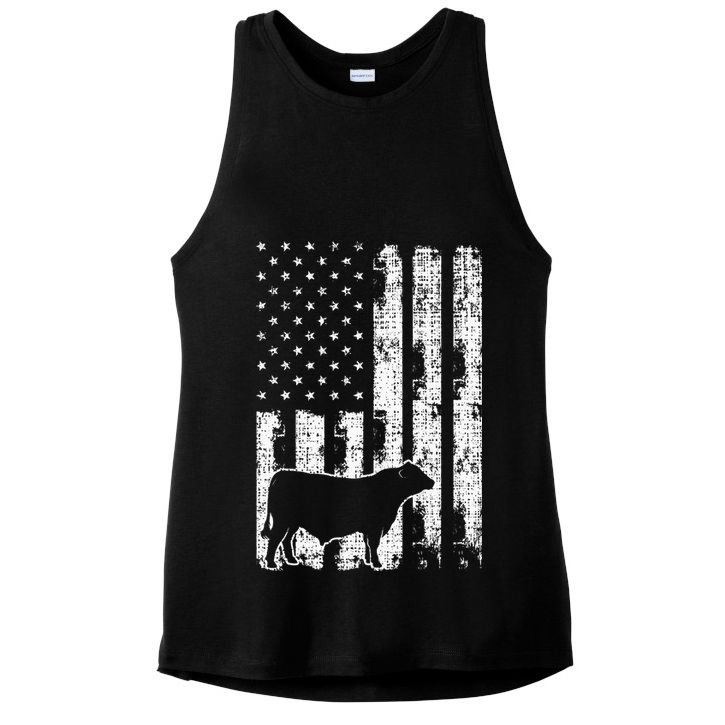 Vintage American Flag USA Cow Black Angus Rancher Ladies PosiCharge Tri-Blend Wicking Tank