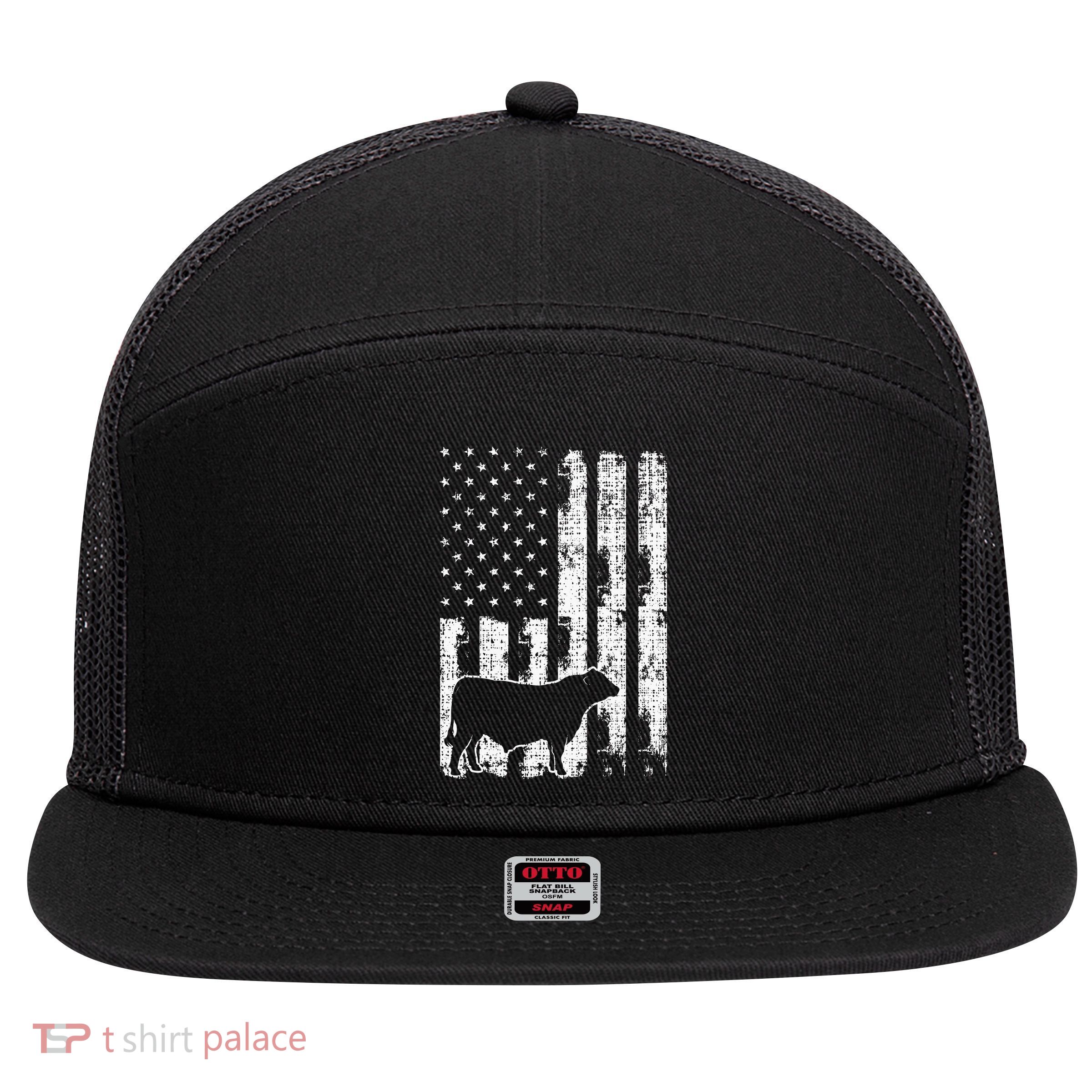 Vintage American Flag USA Cow Black Angus Rancher 7 Panel Mesh Trucker Snapback Hat