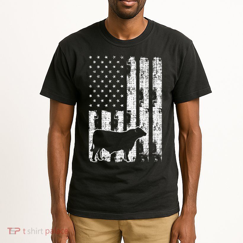 Vintage American Flag USA Cow Black Angus Rancher Tall T-Shirt
