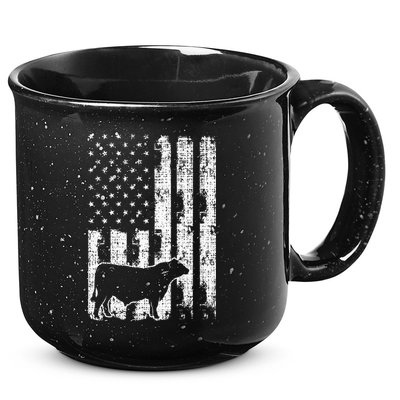 Vintage American Flag USA Cow Black Angus Rancher 15oz Campfire Ceramic Mug