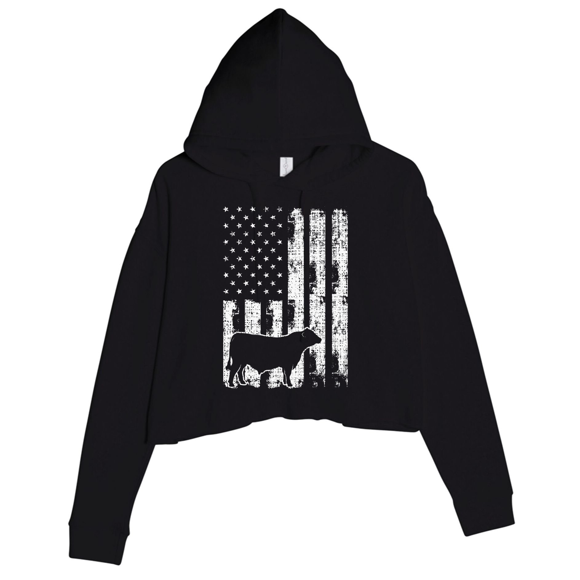Vintage American Flag USA Cow Black Angus Rancher Crop Fleece Hoodie