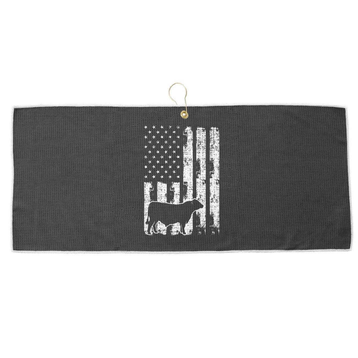 Vintage American Flag USA Cow Black Angus Rancher Large Microfiber Waffle Golf Towel