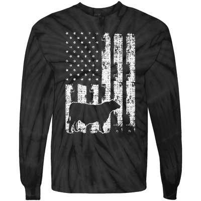 Vintage American Flag USA Cow Black Angus Rancher Tie-Dye Long Sleeve Shirt