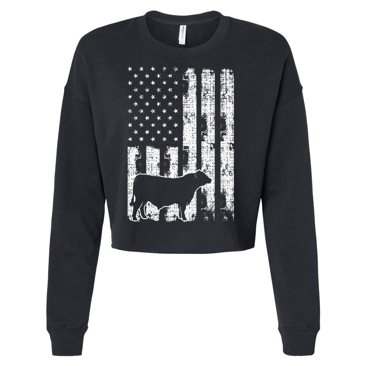 Vintage American Flag USA Cow Black Angus Rancher Cropped Pullover Crew