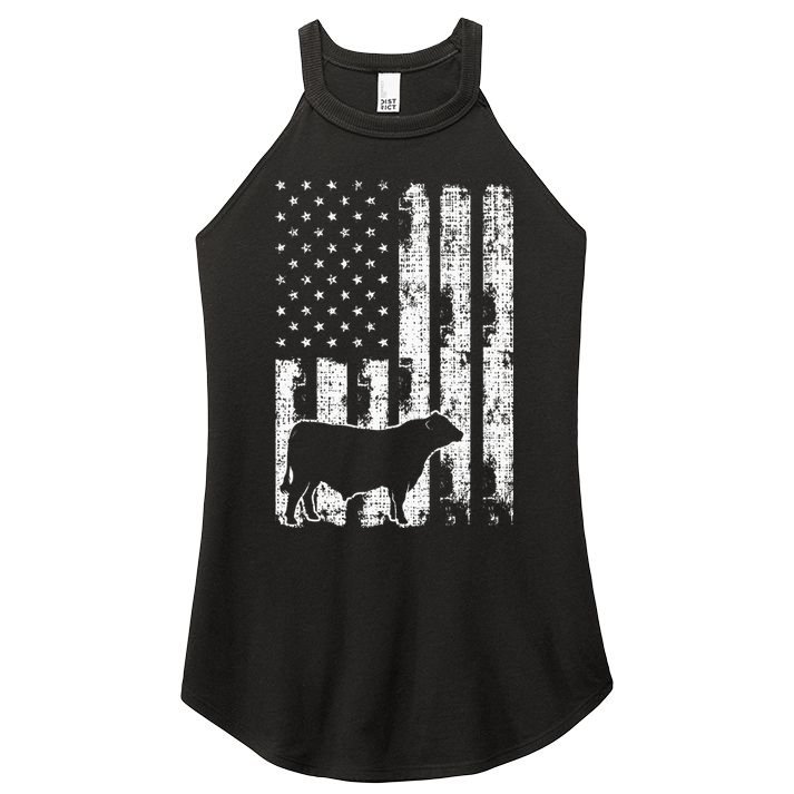 Vintage American Flag USA Cow Black Angus Rancher Women's Perfect Tri Rocker Tank