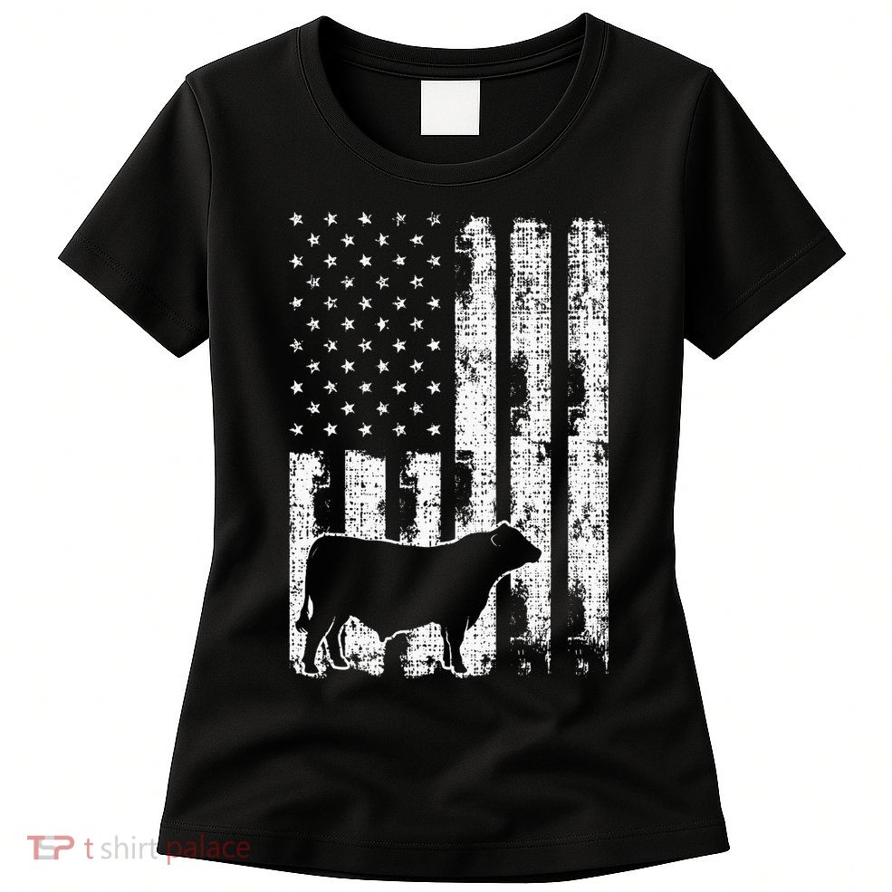 Vintage American Flag USA Cow Black Angus Rancher Womens T-Shirt