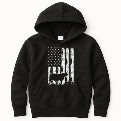 Vintage American Flag USA Cow Black Angus Rancher Kids Hoodie