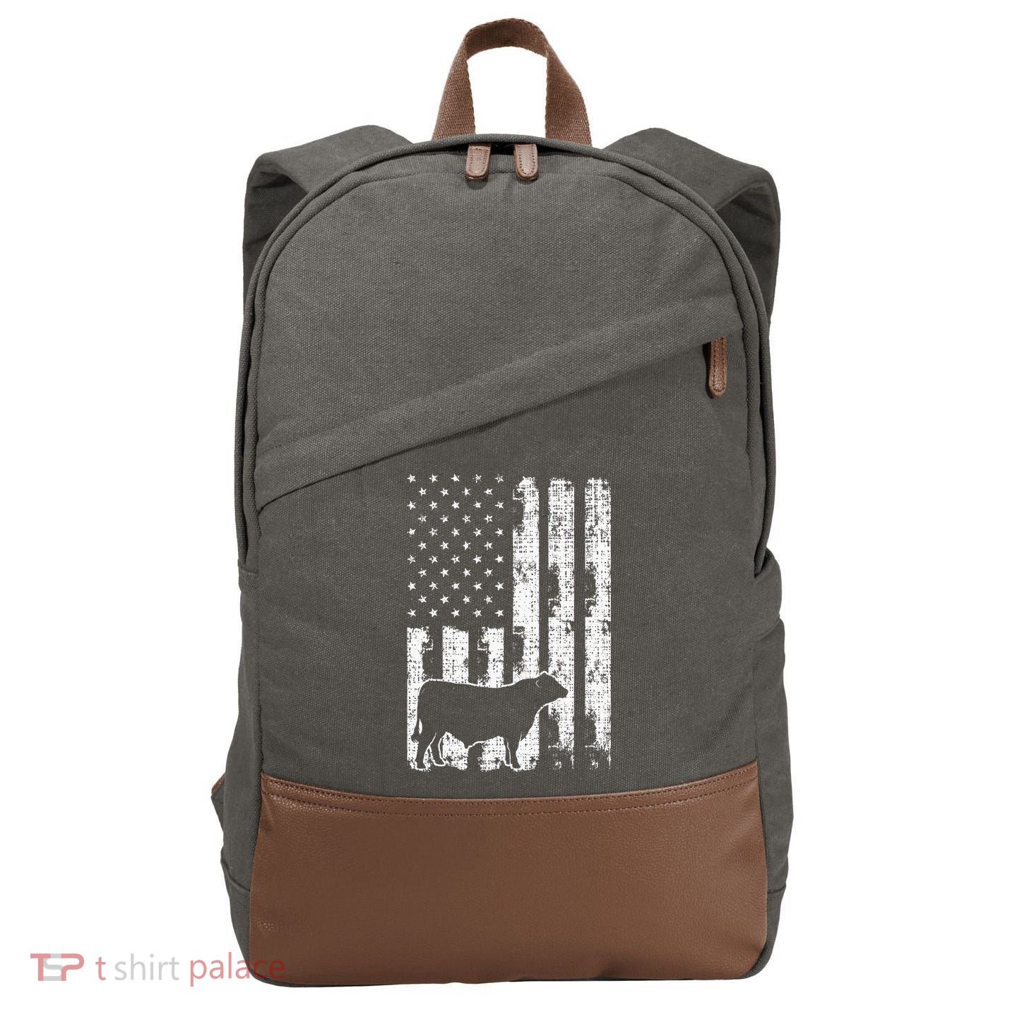 Vintage American Flag USA Cow Black Angus Rancher Cotton Canvas Backpack
