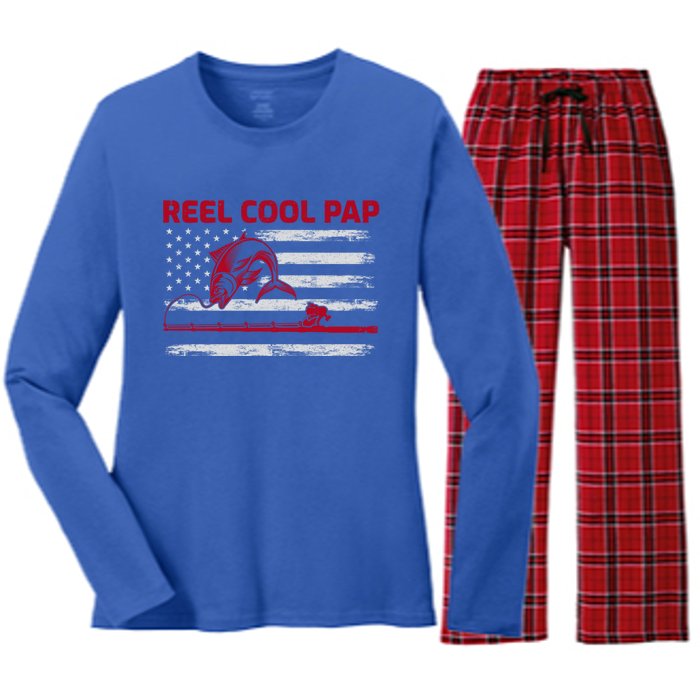 Vintage American Flag Retro Reel Cool Pap Fishing Gift Women's Long Sleeve Flannel Pajama Set 