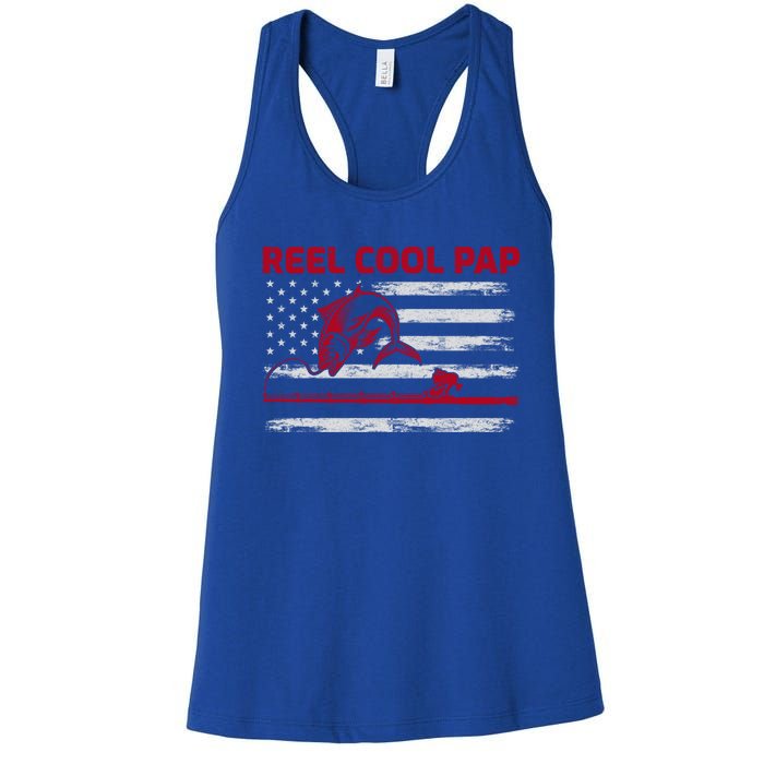 Vintage American Flag Retro Reel Cool Pap Fishing Gift Women's Racerback Tank