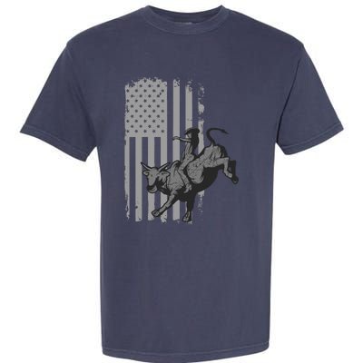 Vintage American Flag Bucking Bull Riding Patriotism Rodeo Garment-Dyed Heavyweight T-Shirt