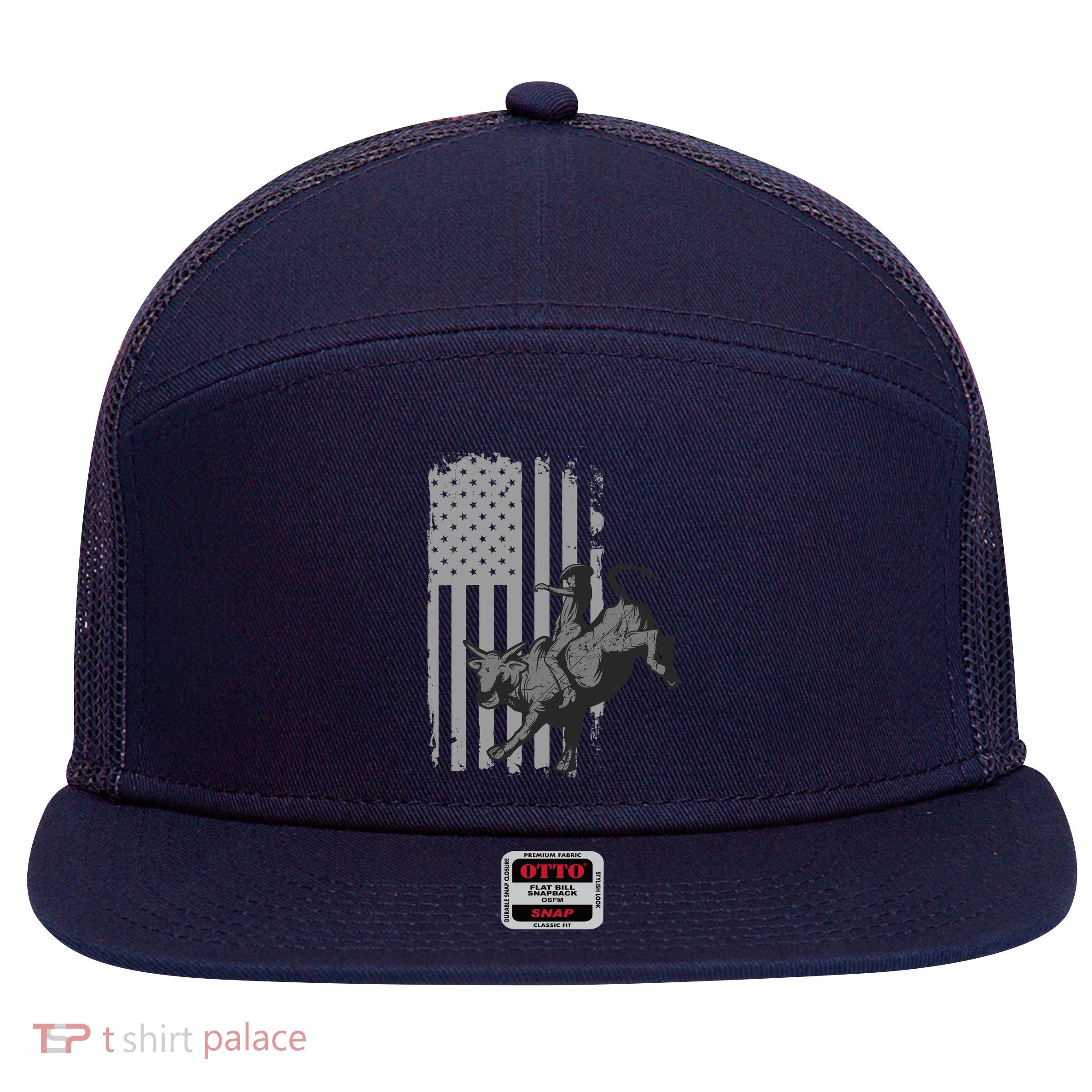 Vintage American Flag Bucking Bull Riding Patriotism Rodeo 7 Panel Mesh Trucker Snapback Hat