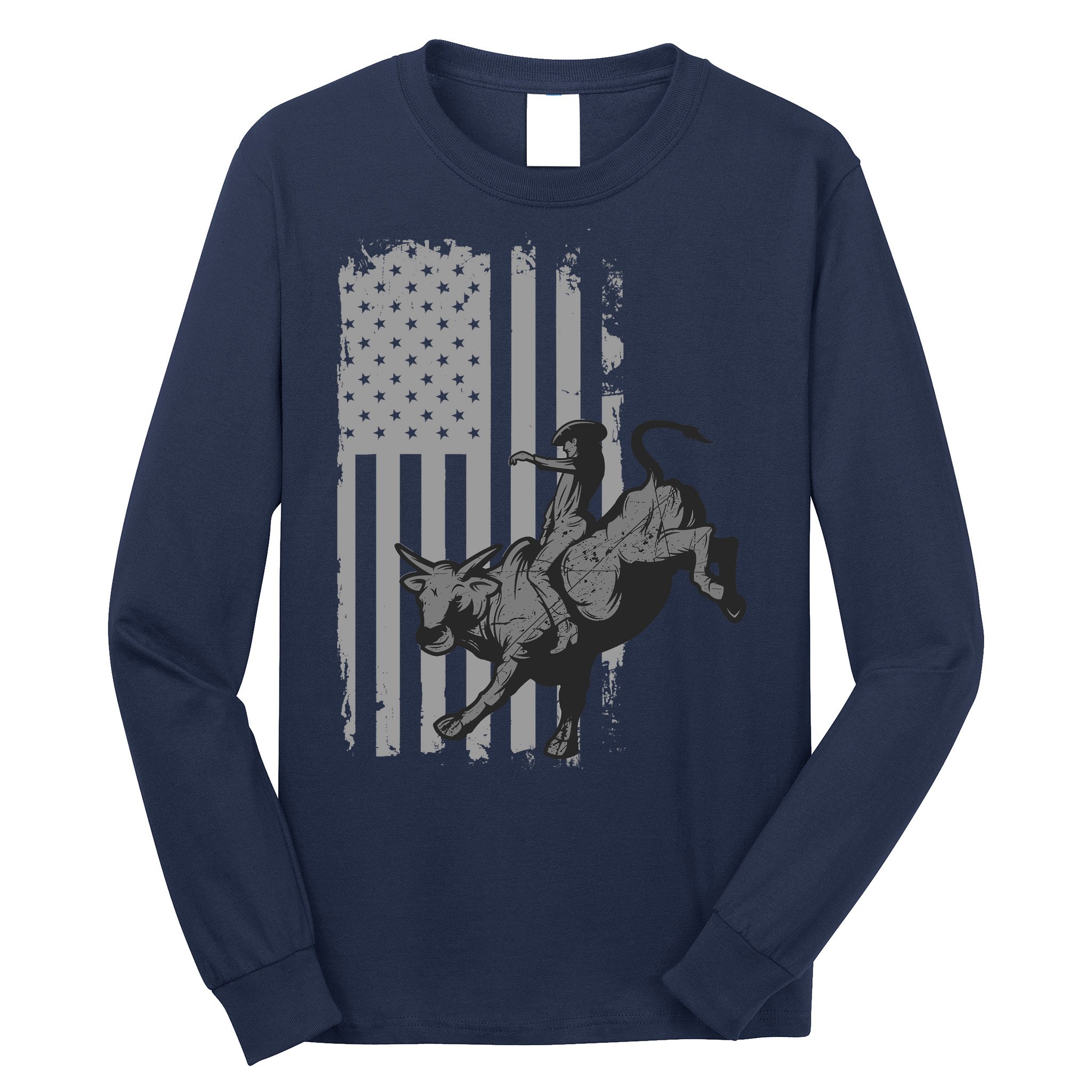 Vintage American Flag Bucking Bull Riding Patriotism Rodeo Long Sleeve Shirt