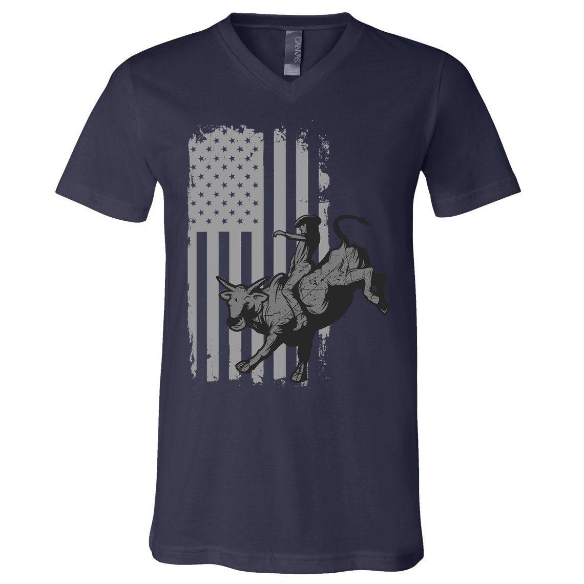 Vintage American Flag Bucking Bull Riding Patriotism Rodeo V-Neck T-Shirt