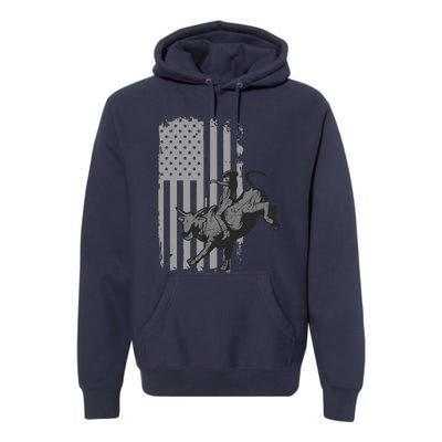 Vintage American Flag Bucking Bull Riding Patriotism Rodeo Premium Hoodie