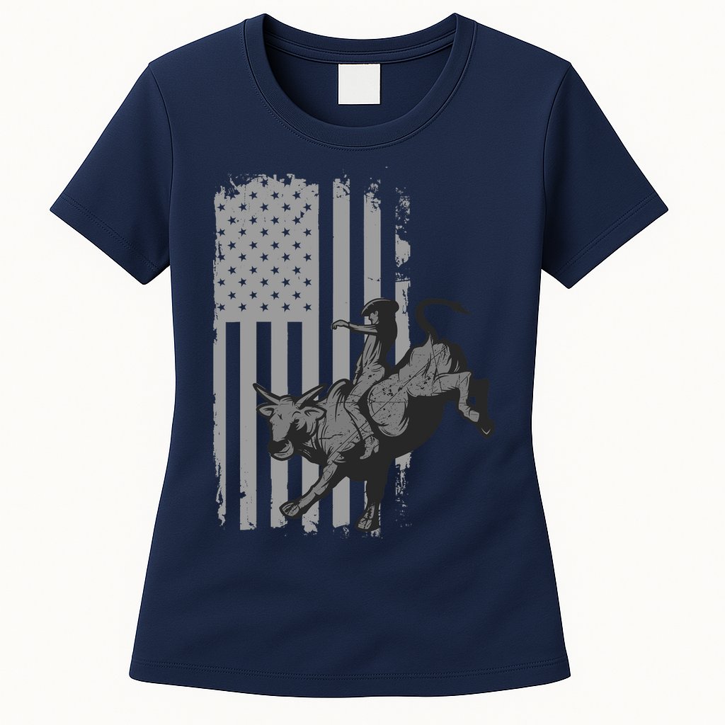 Vintage American Flag Bucking Bull Riding Patriotism Rodeo Womens T-Shirt