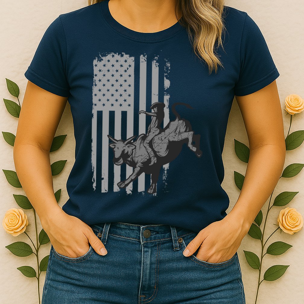 Vintage American Flag Bucking Bull Riding Patriotism Rodeo Womens T-Shirt