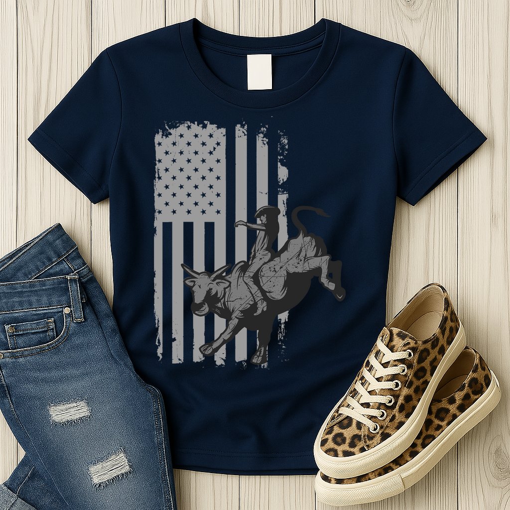 Vintage American Flag Bucking Bull Riding Patriotism Rodeo Womens T-Shirt