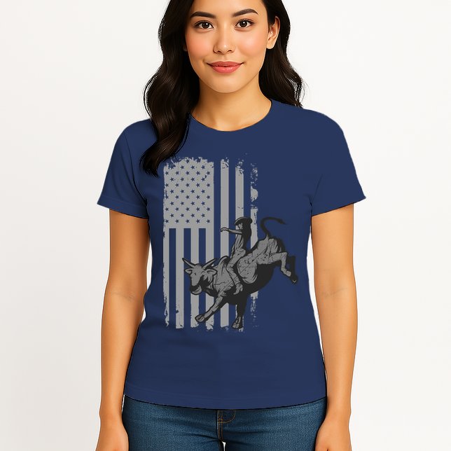 Vintage American Flag Bucking Bull Riding Patriotism Rodeo Womens T-Shirt