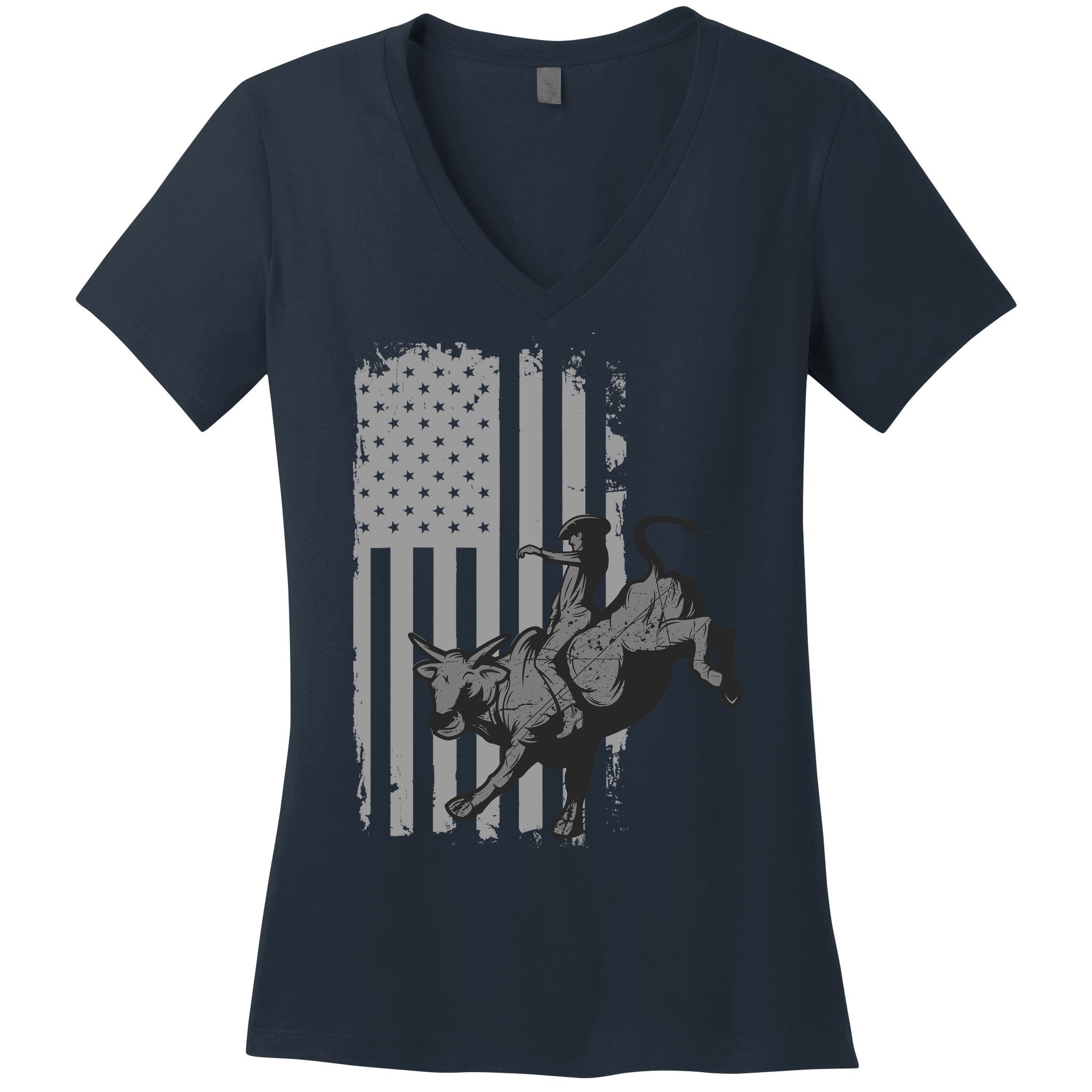 Vintage American Flag Bucking Bull Riding Patriotism Rodeo Women's V-Neck T-Shirt