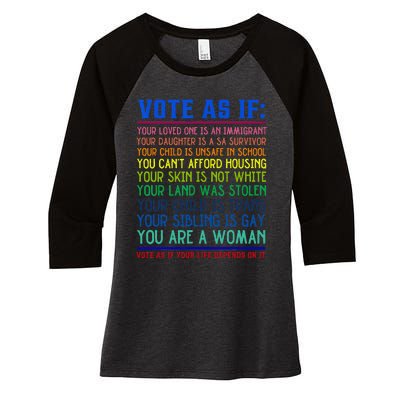 Vote As If Your Life Depends On It Human Rights Women's Tri-Blend 3/4-Sleeve Raglan Shirt