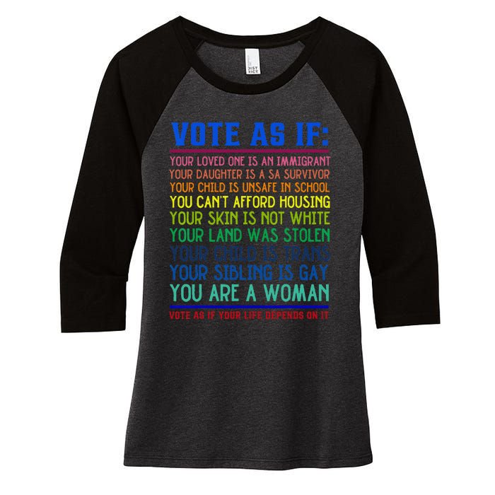 Vote As If Your Life Depends On It Human Rights Women's Tri-Blend 3/4-Sleeve Raglan Shirt