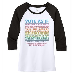 Vote As If Your Skin Is Not White Human's Rights Apparel Women's Tri-Blend 3/4-Sleeve Raglan Shirt