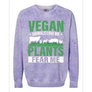 Vegan Animals Love Me Plants Fear Me Veggie Funny Veganism Cool Gift Colorblast Crewneck Sweatshirt