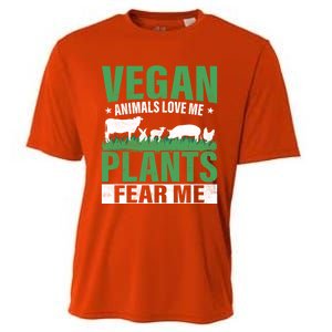 Vegan Animals Love Me Plants Fear Me Veggie Funny Veganism Cool Gift Cooling Performance Crew T-Shirt