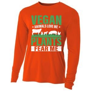 Vegan Animals Love Me Plants Fear Me Veggie Funny Veganism Cool Gift Cooling Performance Long Sleeve Crew