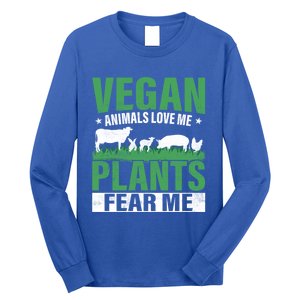 Vegan Animals Love Me Plants Fear Me Veggie Funny Veganism Cool Gift Long Sleeve Shirt