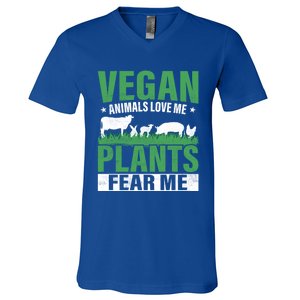 Vegan Animals Love Me Plants Fear Me Veggie Funny Veganism Cool Gift V-Neck T-Shirt