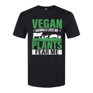 Vegan Animals Love Me Plants Fear Me Veggie Funny Veganism Cool Gift Softstyle CVC T-Shirt