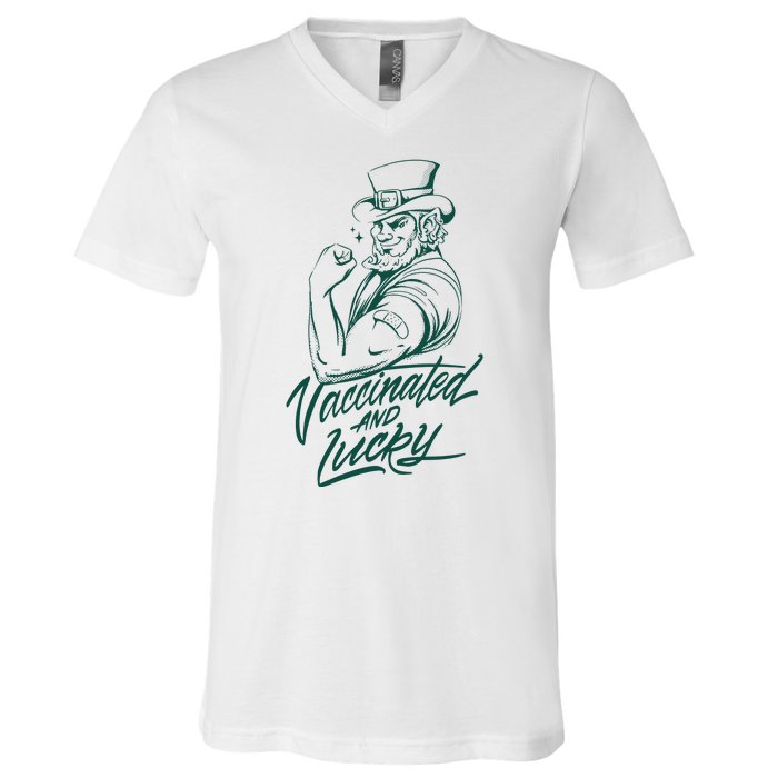 Vaccinated And Lucky St Patricks Day V-Neck T-Shirt