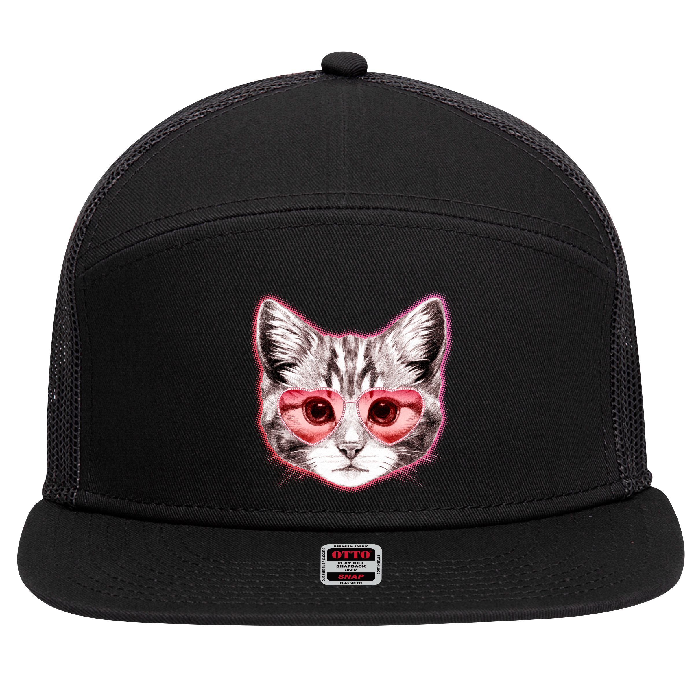 Valentine Cat Love Shades 7 Panel Mesh Trucker Snapback Hat