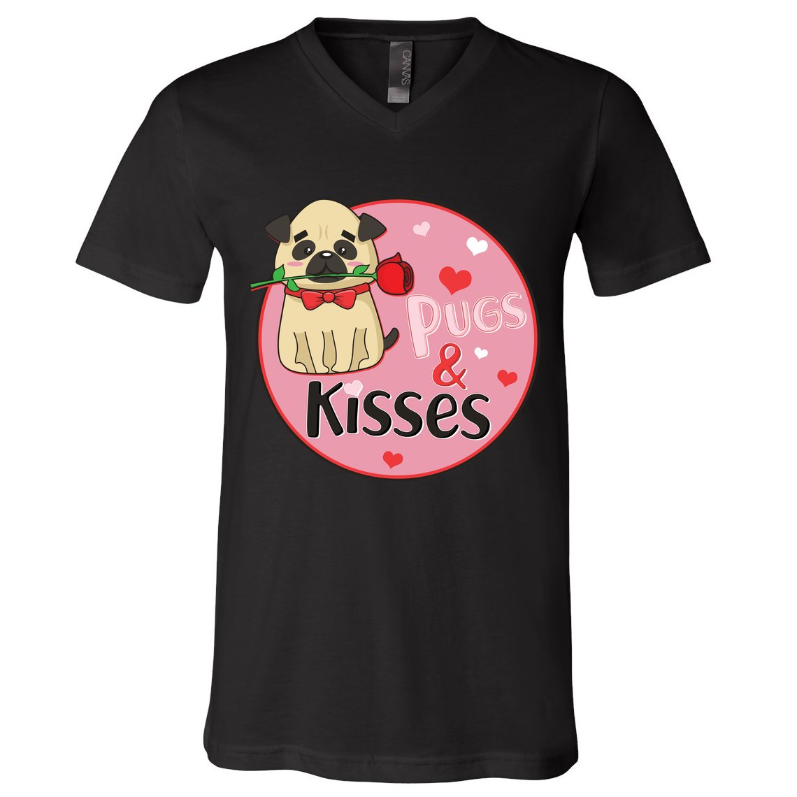 Valentine Pug And Kisses V-Neck T-Shirt